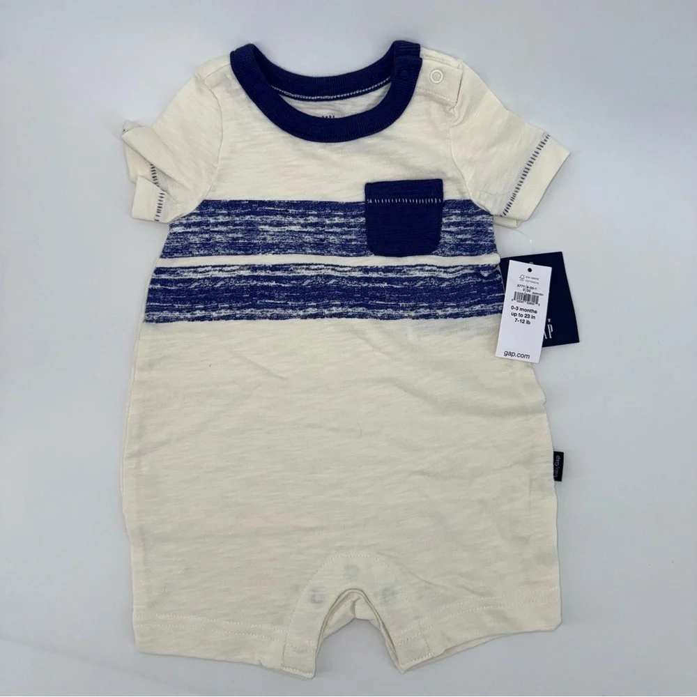 Baby Gap Striped Pocket Baby Romper in Blue and Cream New!